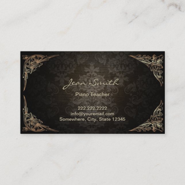 Vintage Dark Damask Piano Teacher Business Card (Front)