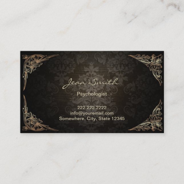 Vintage Dark Damask Psychologist Business Card (Front)