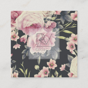 Vintage Dark Floral on Black Monogram Square Business Card