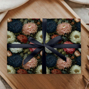 Vintage Dark Floral Peony Dahlia Pink Pattern Wrapping Paper
