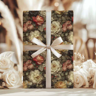 Vintage Dark Floral Rose Peony Pink Cream Muted Wrapping Paper Sheet