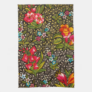 Vintage Dark Floral Toile Botanical Pattern Tea Towel