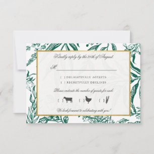 Vintage Dark Green Gold Botanical Wedding RSVP Card