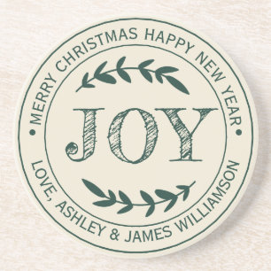 Vintage Dark Green Joy Personalised Christmas  Coaster