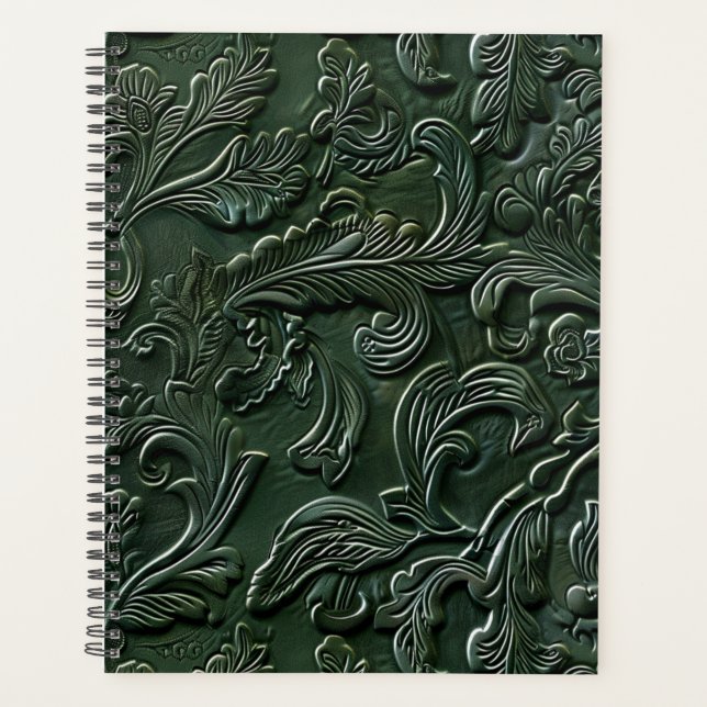 Vintage dark green tooled leather  planner (Front)