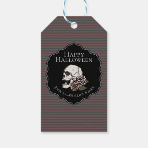 Vintage Dark Grey Floral Skulls Halloween Gift Tags