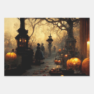 Vintage Dark Halloween Night Town Street  Wrapping Paper Sheet