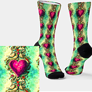 Vintage Dark Pink Heart with Gemstones in Filigree Socks