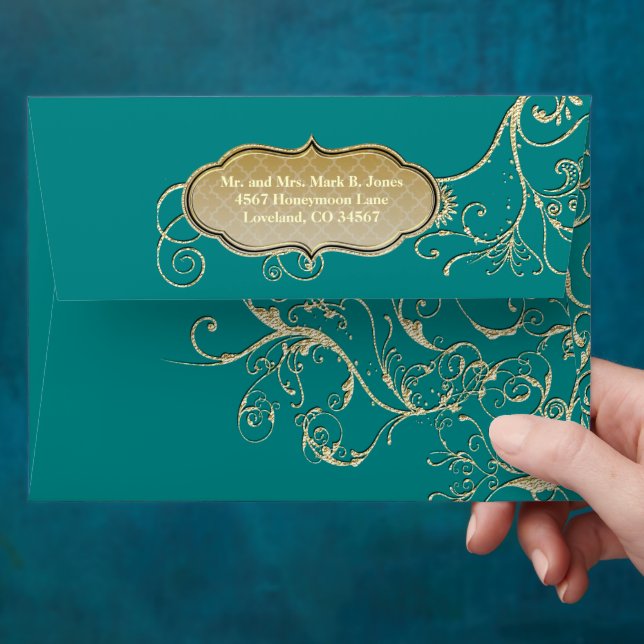 Vintage Dark Teal Gold Swirl Wedding Envelopes (Hand)