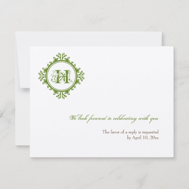 Vintage decay green initial wedding rsvp response invitation (Front)