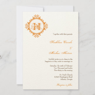 Vintage decay orange leaves frame monogram wedding invitation
