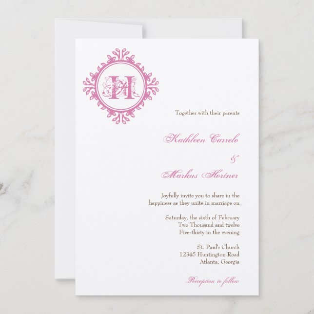 Vintage decay pink leaves frame monogram wedding invitation (Front)