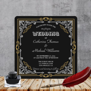 Vintage Deco Art Elegant Black White Gold Wedding Invitation