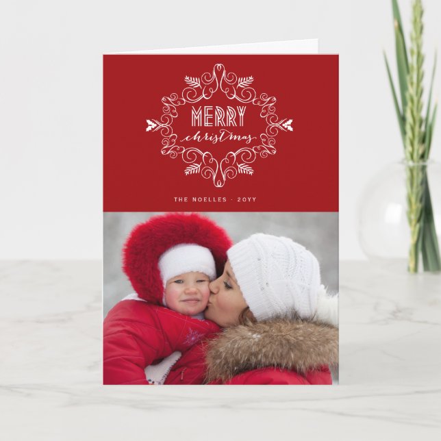 Vintage Deco Festive Foliage Merry Christmas Photo Holiday Card (Front)