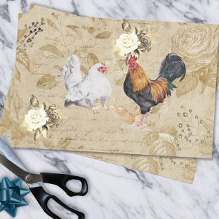 Vintage  Decoupage Rooster Chicken Hen Floral Tissue Paper