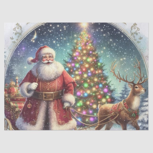 Vintage Decoupage Santa Claus and Reindeer  Tissue Paper (Front)