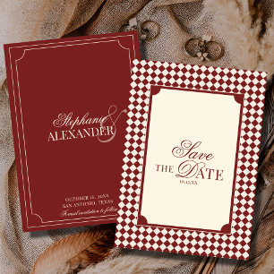 Vintage Deep Red Chequered Old Money Wedding Save The Date
