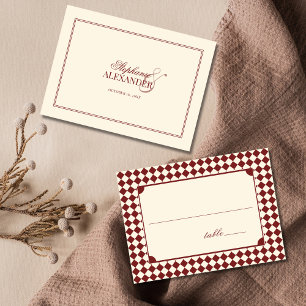 Vintage Deep Red Ivory Chequered Old Money Wedding Place Card