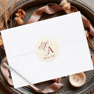 Vintage Deep Red Ivory Old Money Monogram Wedding Classic Round Sticker