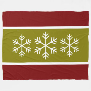 Vintage Deep Red Olive Stripes White Snowflakes Fleece Blanket