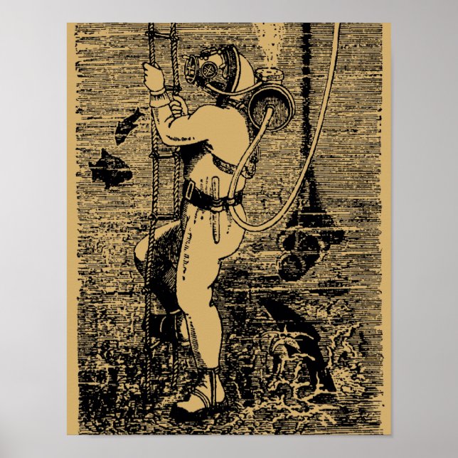 Vintage Deep Sea Scuba Diver Steampunk Poster (Front)