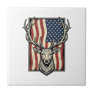 Vintage Deer American Flag Hunting Shirt Design_1 Ceramic Tile