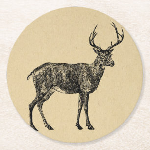 Vintage Deer Art Illustrated Deer Round Paper Coaster