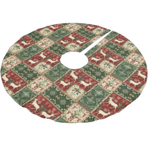 vintage deer Christmas faux patchwork style  Brushed Polyester Tree Skirt