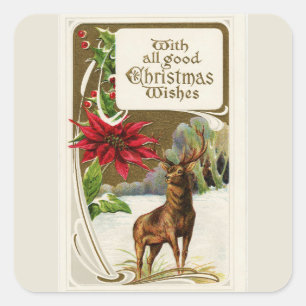 Vintage Deer in Snow Light Grey Christmas Square Sticker