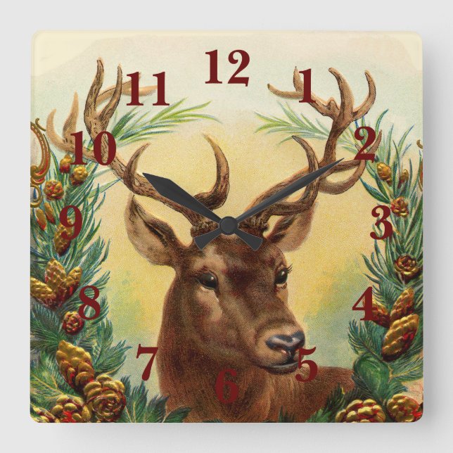 Vintage Deer Square Wall Clock (Front)