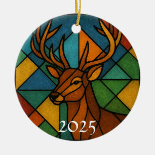 Vintage Deer Stained Glass Design Ceramic Ornament