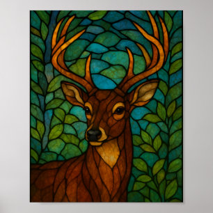 Vintage Deer Tiffany Style Stained Glass Art Poster