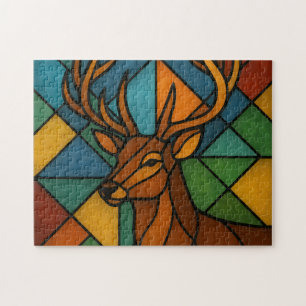Vintage Deer Tiffany Style Stained Glass Design Jigsaw Puzzle
