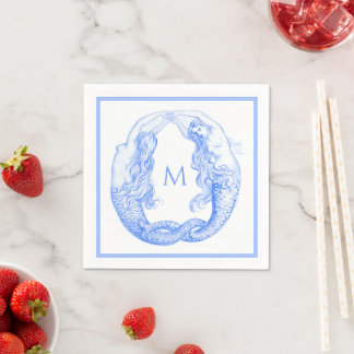 Vintage Delft Blue Art Nouveau Mermaids Monogram Napkin