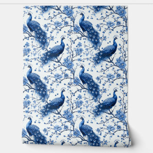 Vintage Delft Blue Dutch Floral Elegant Peacock Wallpaper