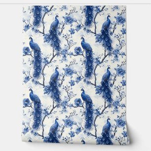 Vintage Delft Blue French Chinoiserie Peacock Wallpaper