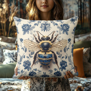 Vintage Delft Blue Gold Honey Bee Cottagecore Cushion
