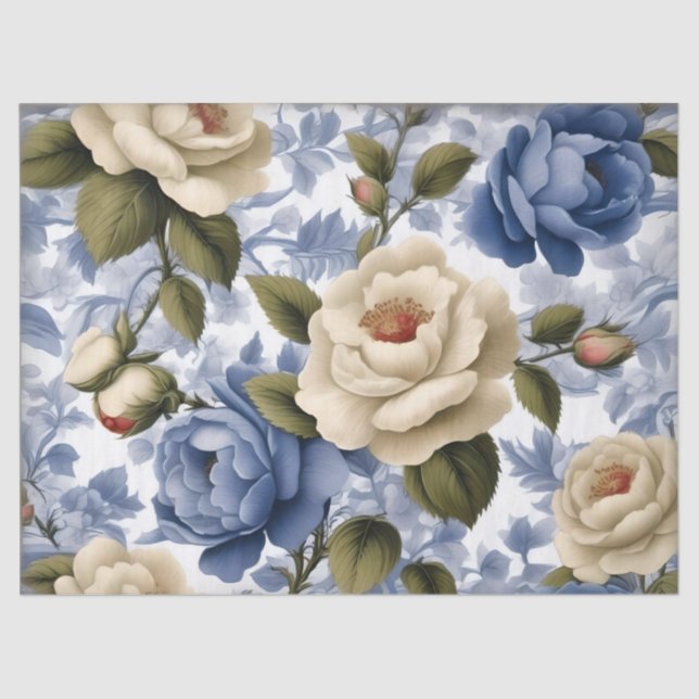 Vintage Delft Blue Wild Roses Tissue Paper (Front)