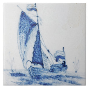 Vintage Delfts Blauw Dutch Windmill Sailboat Ceramic Tile