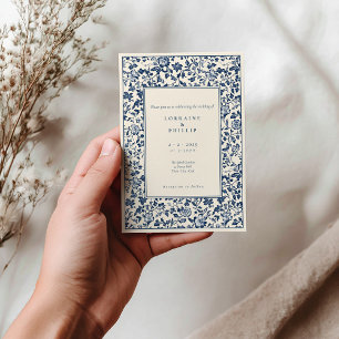 Vintage Delftware style Blue cream Floral wedding Invitation