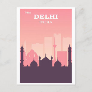 Vintage Delhi India City Skyline Pink Travel Postcard