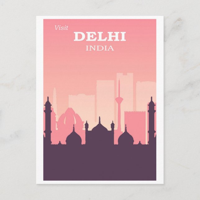 Vintage Delhi India City Skyline Pink Travel Postcard (Front)
