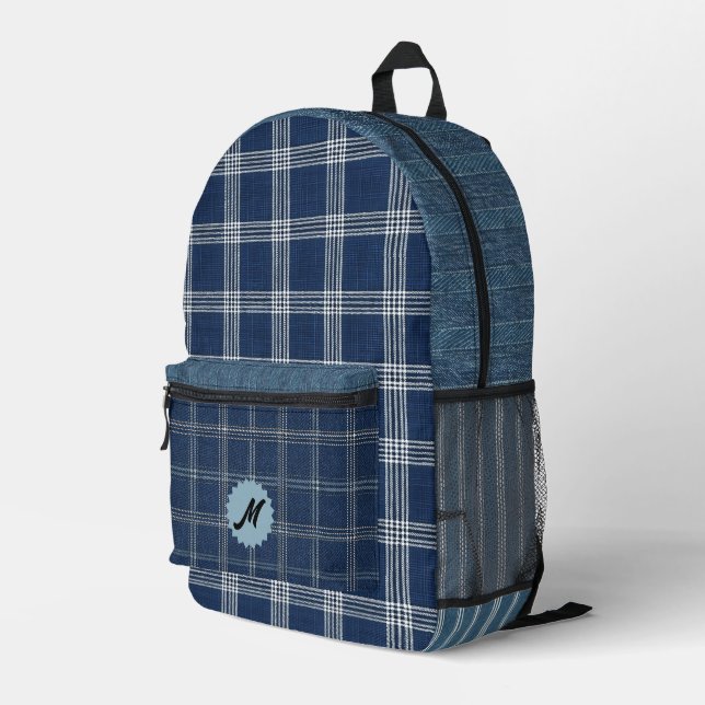 Vintage Denim-Print Stripes Plaid Printed Backpack (Back Corner Right)