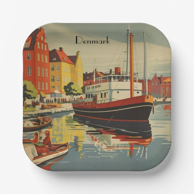 Vintage Denmark Travel Poster Scandinavian Party Paper Plate (Front)