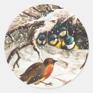 Vintage Depicting Birds in Snow Christmas Holiday Classic Round Sticker