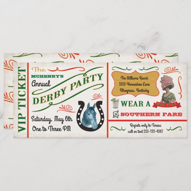 Vintage Derby Horse Racing Party Ticket Invitation (Front/Back)