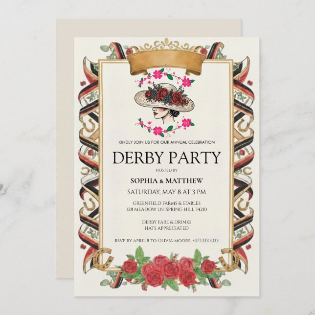 Vintage Derby Party Invitation Floral Horse (Front/Back)