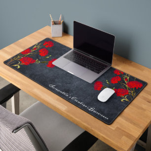 Vintage Design Floral Red Carnation Add Name Grey Desk Mat