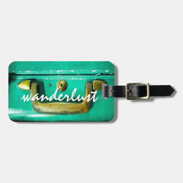 vintage design teal luggage tag wanderlust text (Front Horizontal)