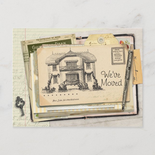 Vintage Desk Postcard We've Moved (Front)